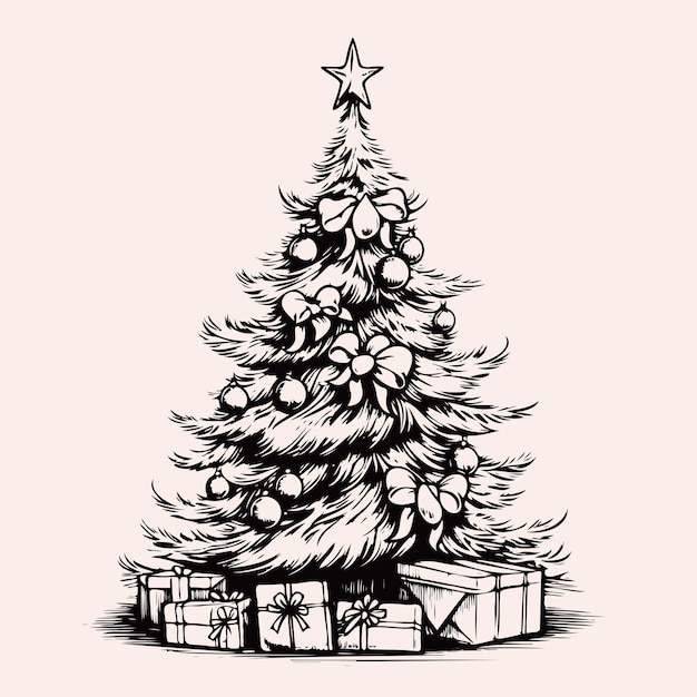 Árbol de Navidad en estilo retro, símbolo de boceto dibujado a mano de Navidad y año nuevo