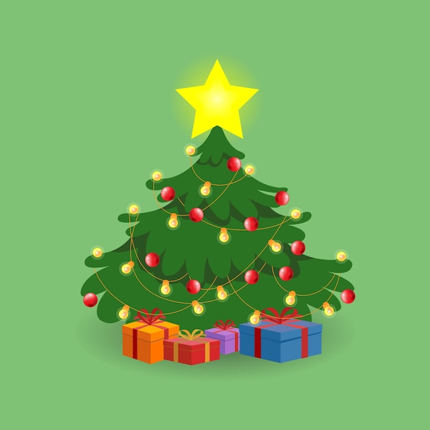 Árbol de Navidad festivo en ilustración de vector de estilo de dibujos animados Abeto verde decorado con cajas de regalo Bolas de estrellas de Navidad dulces y luces Concepto de feliz año nuevo Xtree