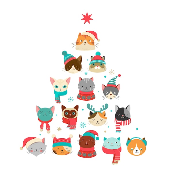 Árbol de Navidad hecho por gatos con gorros de punto