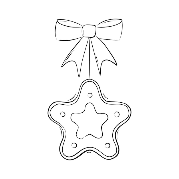 Árbol de Navidad Juguete Pan de jengibre en forma de estrella con un elemento decorativo de lazo en estilo Doodle Libro de colorear de Navidad Ilustración vectorial simple