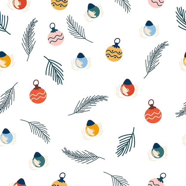 Árbol de Navidad juguetes bolas y ramitas de patrones sin fisuras Fondo de invierno niños papel tapiz para tela textil ropa papel scrapbooking planificador Año Nuevo símbolo tradicional Ilustración vectorial