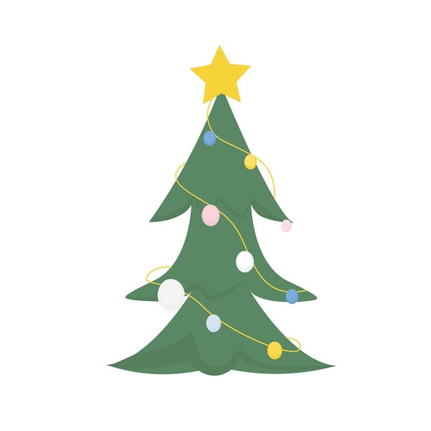 Árbol de Navidad con juguetes una guirnalda y una estrella en la parte superior Ilustración vectorial