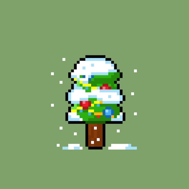 Árbol de navidad con nieve en estilo pixel art