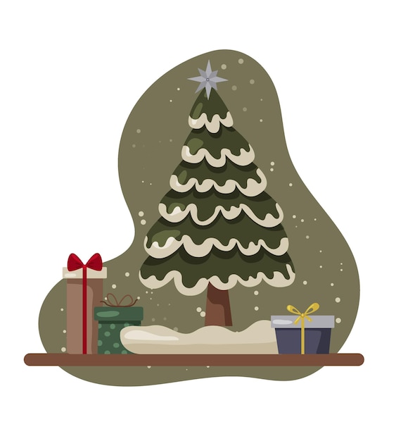 Árbol de navidad con regalos Pinos para tarjeta de felicitación Hermoso elegante Diseño plano moderno estilo boho