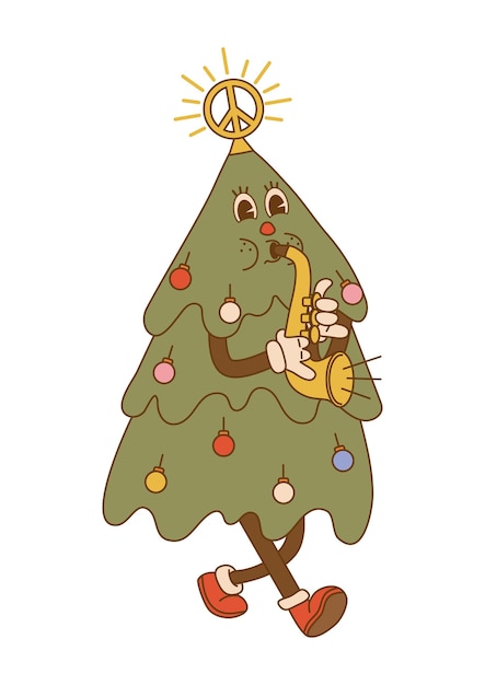 Árbol de Navidad tocando el saxofón en estilo de dibujos animados de moda sobre fondo aislado