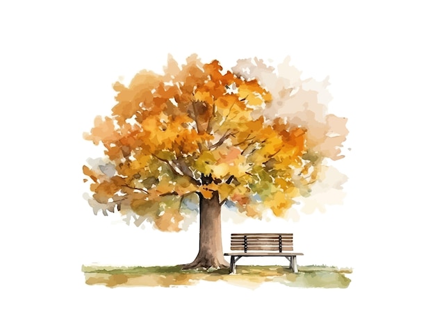 Árbol de otoño con acuarela de banco Diseño de ilustración vectorial