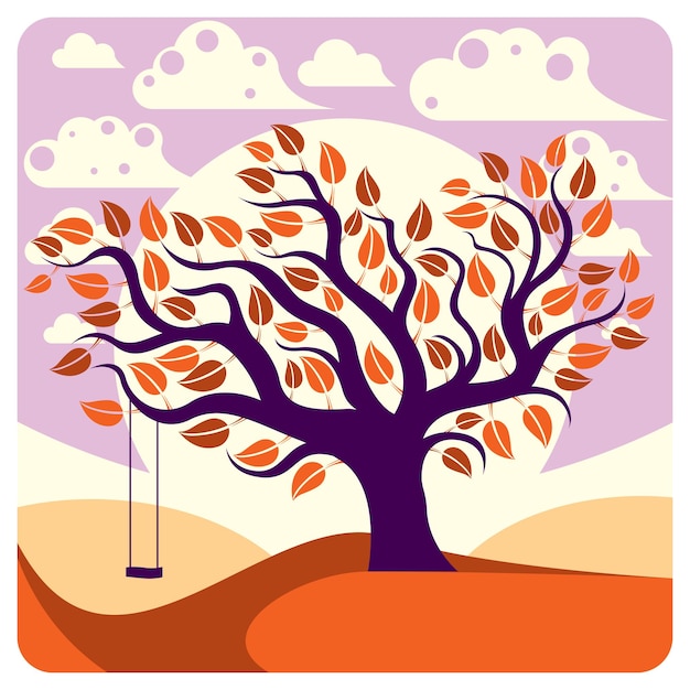 Árbol ramificado vectorial con columpio en un hermoso paisaje otoñal nublado. Escena idílica y pacífica, imagen vectorial de percepción.