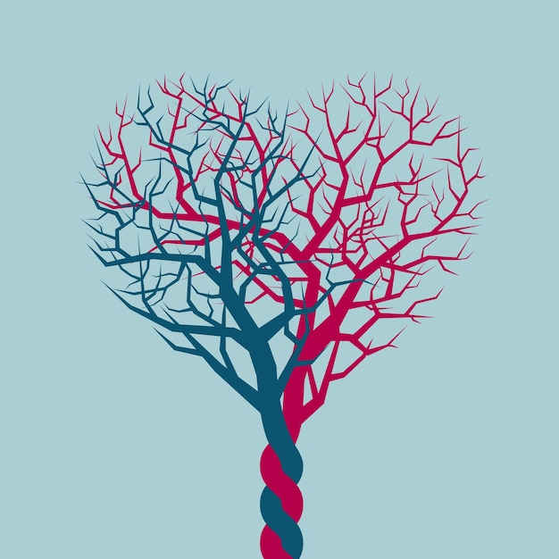 Árbol y símbolo del corazón. Aislado sobre fondo azul.