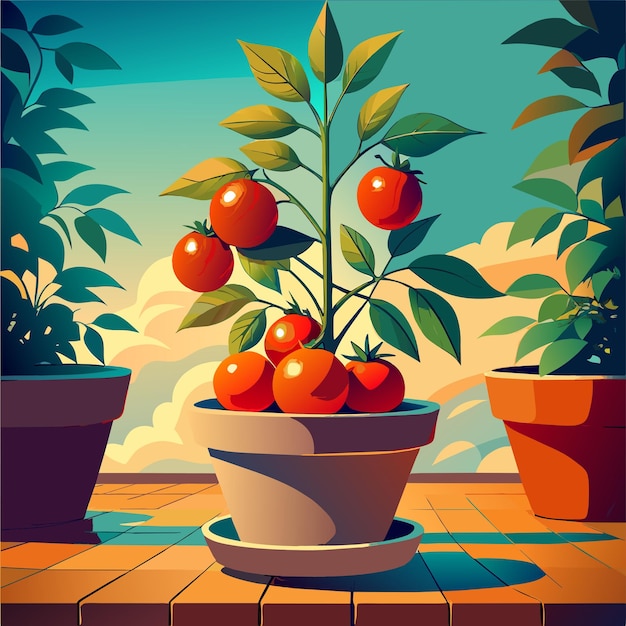 Árbol de tomate en una ilustración vectorial de olla