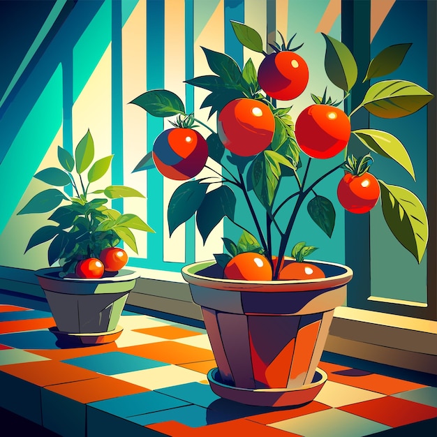 Árbol de tomate en una ilustración vectorial de olla