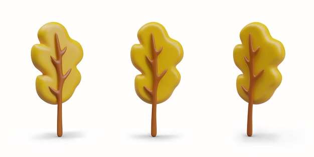 Árbol vectorial en diferentes posiciones Árbol 3D de otoño con corona amarilla