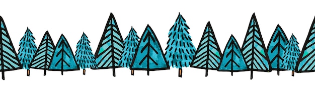Árboles de Navidad azul vector frontera Patrón sin fisuras dibujado a mano doodle árboles verde rojo Decorativo Invierno vacaciones boceto diseño para cintas tarjeta decoración scrapbooking banners