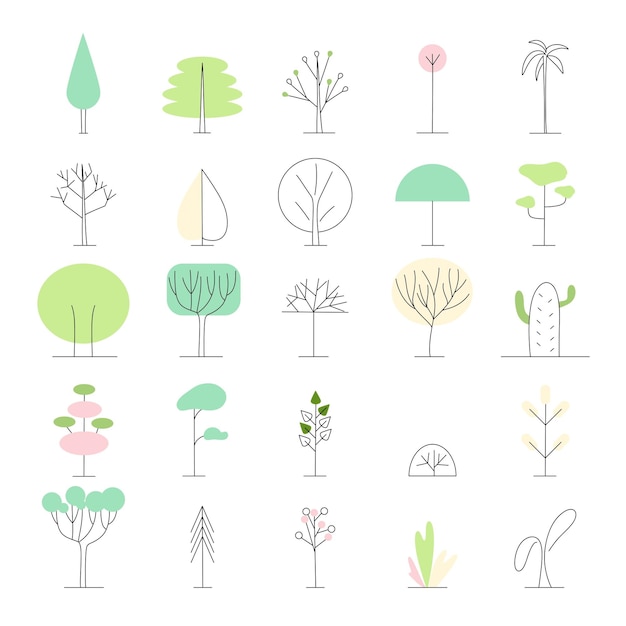 Árboles simples Bosque o parque de naturaleza mínima Plantas de línea de estilo minimalista Diseño de logotipo abstracto Eco bio símbolos contorno colorido elementos botánicos Abeto pino y roble Vector conjunto aislado