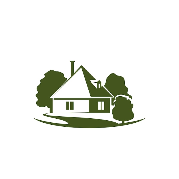 Árboles verdes y casa jardín vector icono