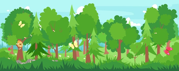 Árboles verdes en la ilustración de vector plano de bosque. Pino, abeto, roble, arce. Hermosa hierba verde.
