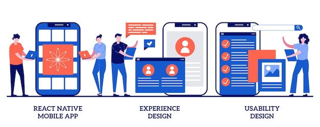 Vector reaccionar aplicación móvil nativa, diseño de experiencias, pruebas de usabilidad. conjunto de proceso de desarrollo de aplicaciones móviles.