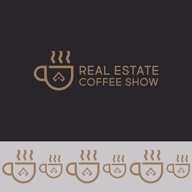 Real Estate Coffee Show Podcast Logo con iconos de casas y agentes inmobiliarios