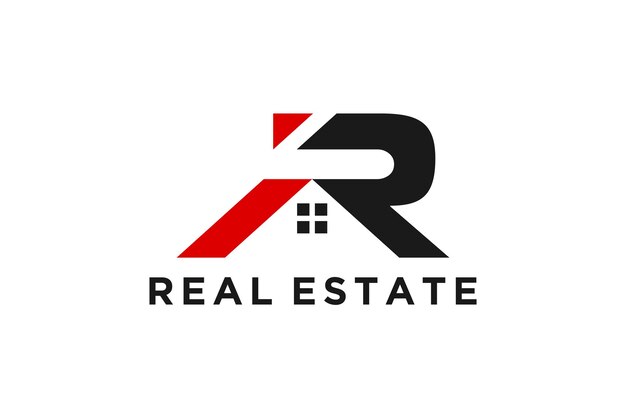 Real estate logo casa techo ventana letra inicial R moderno diseño simple residencia propiedad icono bu