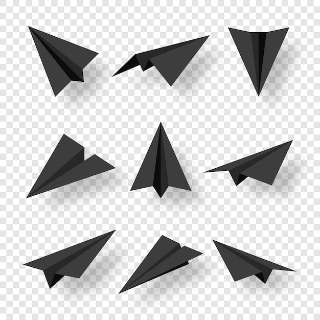 Reales aviones de papel hechos a mano de color negro aislados en aviones de origami de fondo transparente en plano