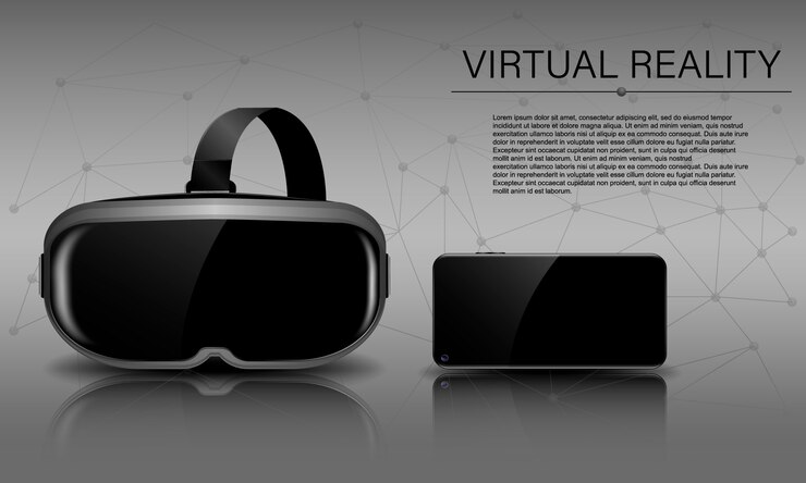 Realidad virtual, casco de realidad virtual y teléfono con reflejo y sombra, plantilla de realidad virtual horizontal