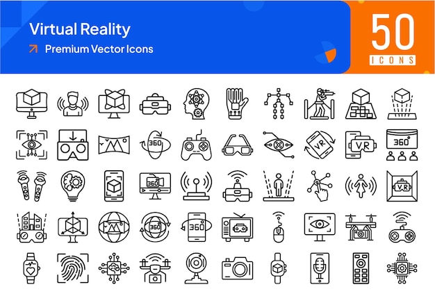 Realidad virtual set de iconos de estilo de línea en negrita Headset de realidad virtual Mundo virtual Ambiente virtual 360 grados