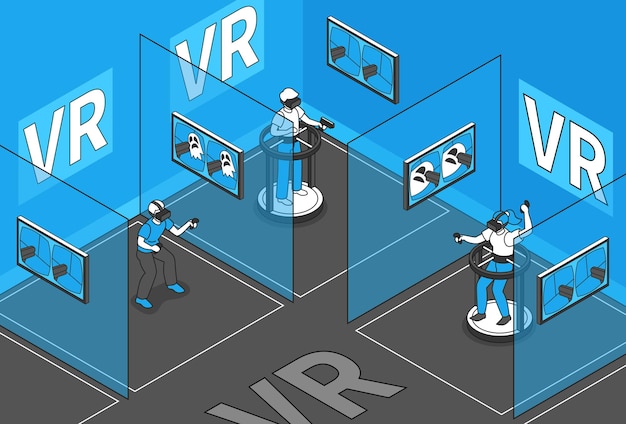 Realidad virtual con símbolos de jugador de vr isométrica.