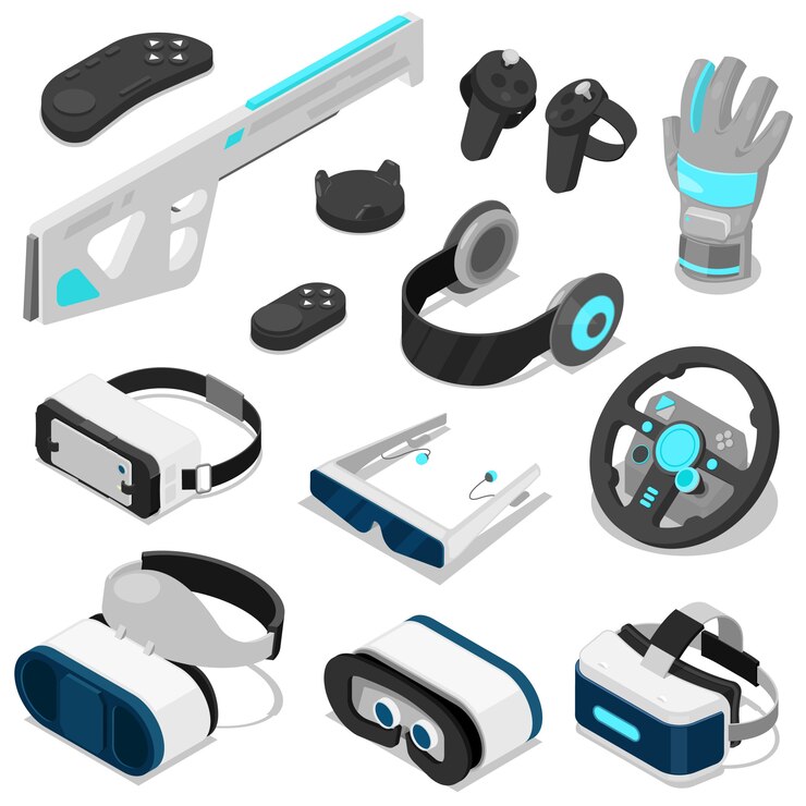 Vector realidad virtual vector vc gaming dispositivo digital o gadget gafas 3d o auriculares conjunto de ilustración isométrica de equipos virtuales de entretenimiento electrónico aislado sobre fondo blanco