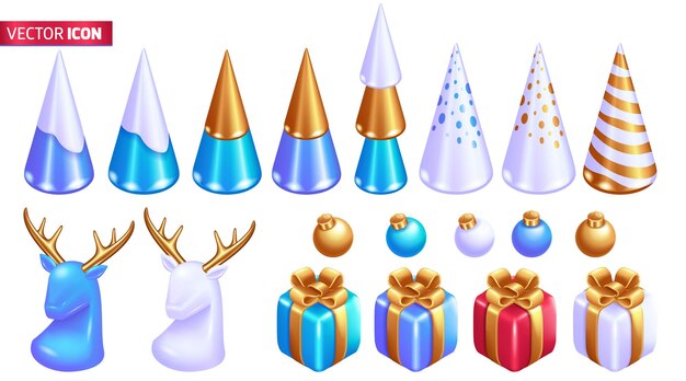 Realismo 3D Isométrico Conjunto coloridas decoraciones navideñas árboles de Navidad cajas de regalos bolas de Navidad