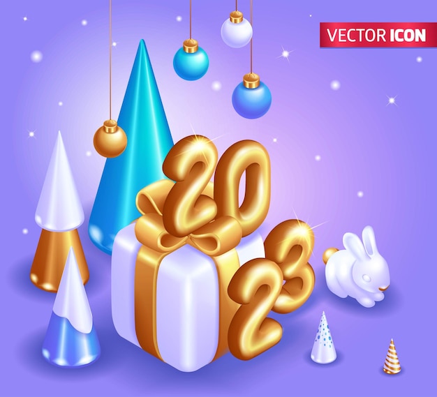 Realismo 3D Isométrico Feliz Año Nuevo Realismo Oro Número de Metal Caja de regalos Cartel de Navidad