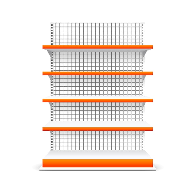 Vector realismo detallado 3d blanco en blanco estantes de metal de la tienda estantería del mercado plantilla de maqueta para la ilustración vectorial de la tienda