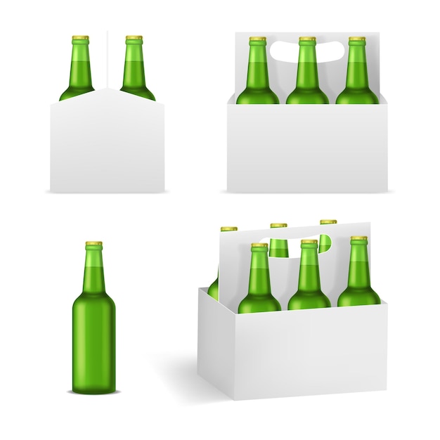 Realismo detallado 3d botellas de cerveza paquete de bebidas alcohólicas bebida botella de vidrio verde ilustración vectorial de paquetes de bebidas