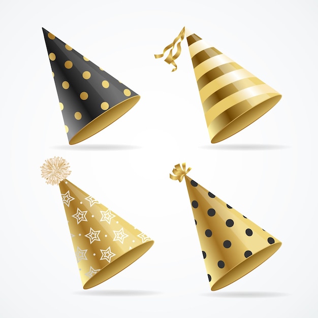 Realismo detallado 3d Gold Hat Party Set aislado en un fondo blanco Símbolo de ilustración de Fun Vector
