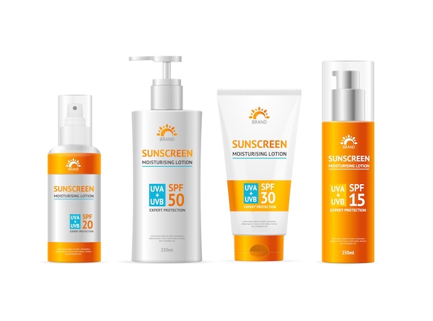 Realismo detallado 3D protector solar hidratante loción crema botella y tubos formas conjunto vector