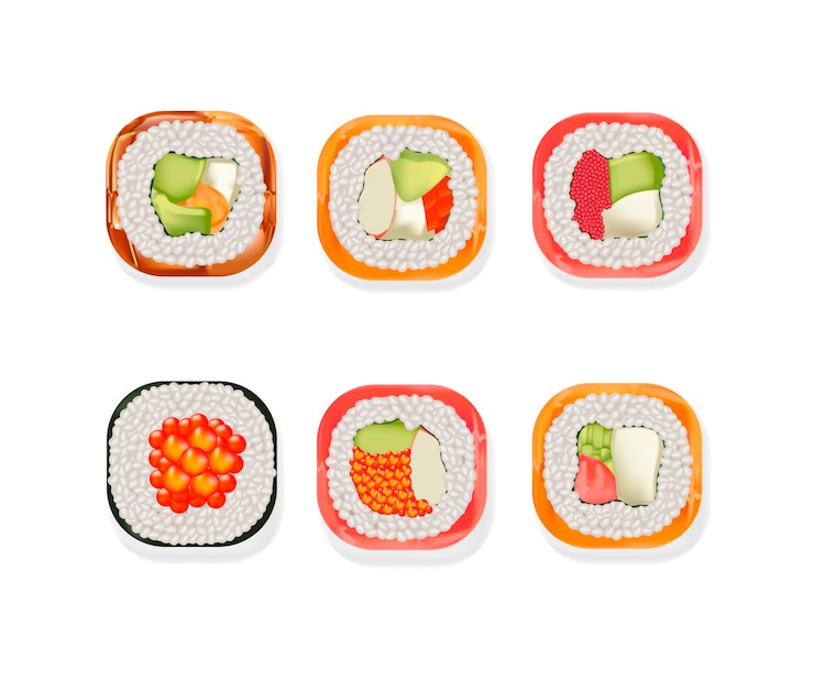 Vector realismo detallado 3d sushi conjunto de comida japonesa vector