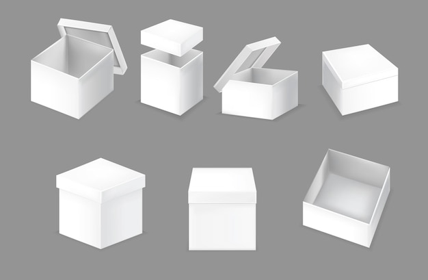 Realismo detallado de las cajas blancas 3D Mockups Set Vector