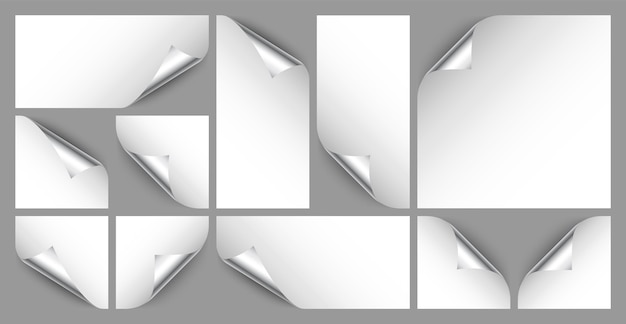 Realismo plateado rizado página esquina conjunto tarjeta de felicitación elemento de diseño hoja en blanco de papel vector