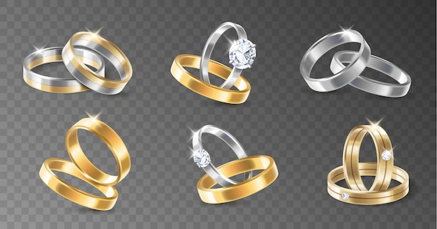 Realista 3d brillante conjunto de anillos metálicos chapados en oro y plata de boda de compromiso. Pares de anillos sobre fondo transparente aislado. Ilustración vectorial