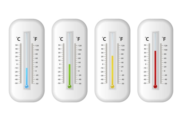 Realista 3d celsius y fahrenheit meteorología clima termómetro icono conjunto primer plano aislado