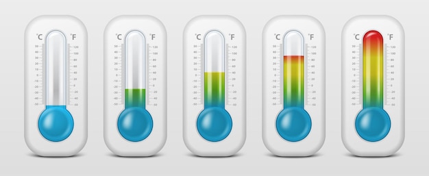 Realista 3d celsius y fahrenheit meteorología clima termómetro icono conjunto primer plano aislado