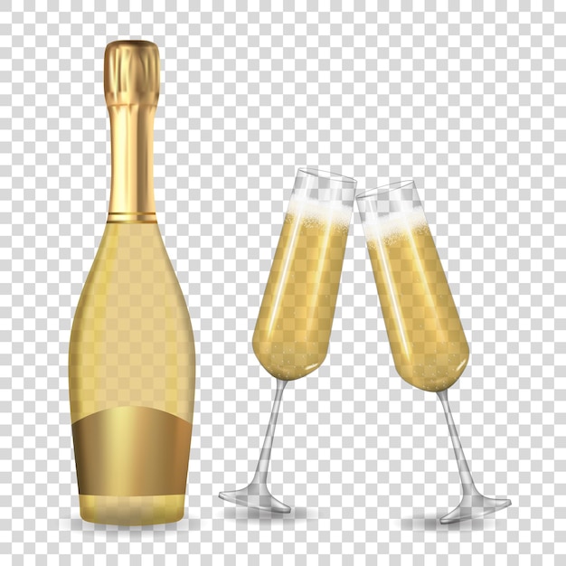 Vector realista 3d champagne botella de oro y vidrio icono aislado