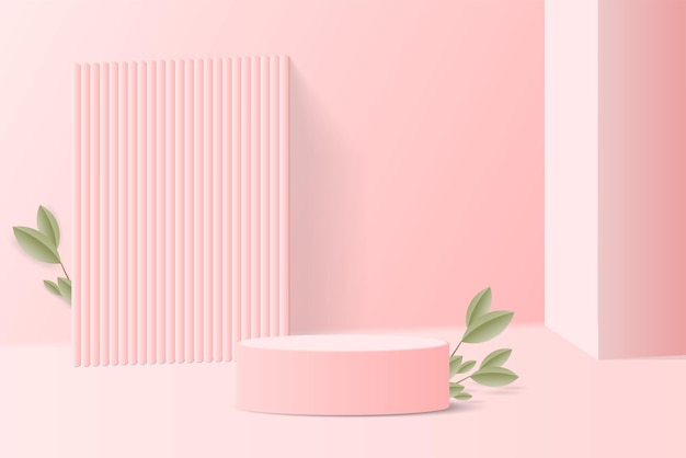 Realista 3d cilindro rosa podio pedestal con hoja de rama de árbol y fondo de forma vertical