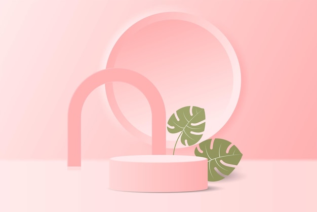 Realista 3d cilindro rosa podio pedestal de soporte con hoja de palma tropical y forma redonda de arco