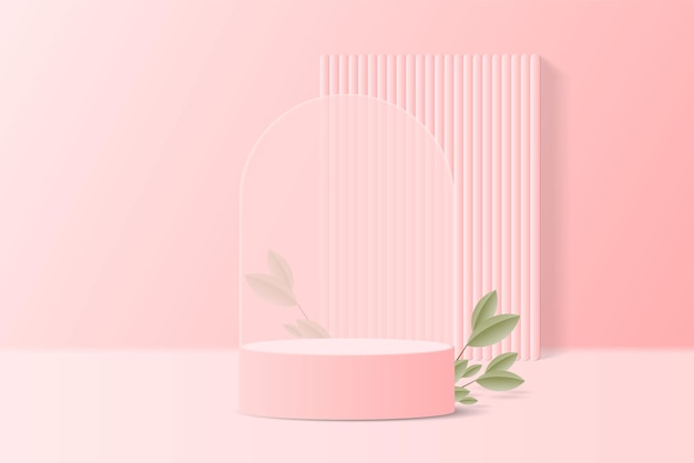 Realista 3d cilindro rosa podio pedestal de soporte con rama de árbol arco de hoja de vidrio forma vertical