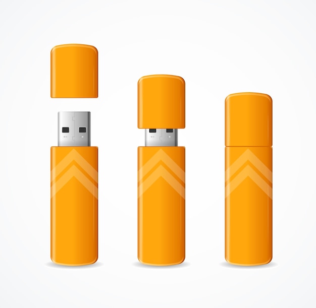 Realista 3d detallado amarillo usb flash drive set vector