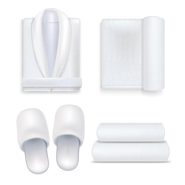 Realista 3d detallado conjunto de baño blanco de hotel o spa incluye zapatillas de toalla y bata de baño ilustración vectorial