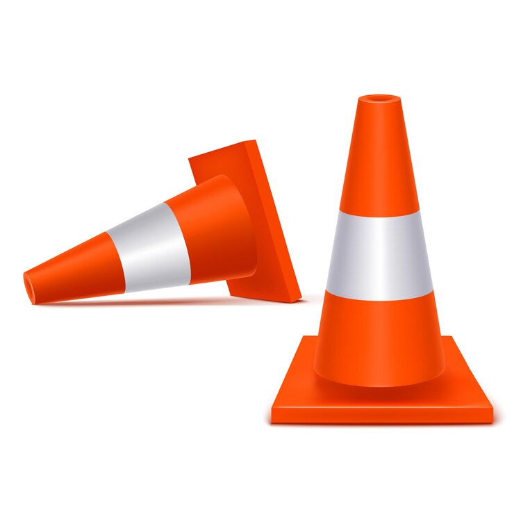 Vector realista 3d detallado conos de tráfico de plástico naranja conjunto símbolo de seguridad en la carretera ilustración vectorial de señal de precaución
