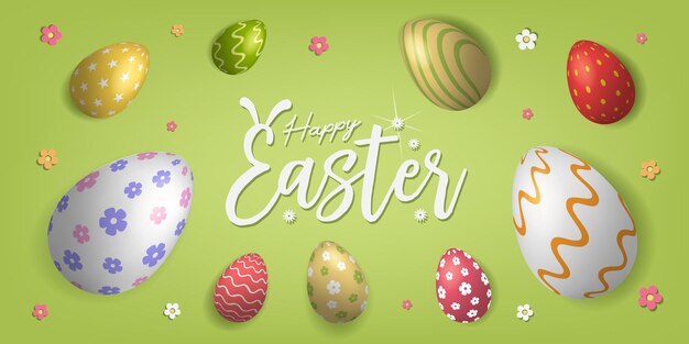 realista 3d Feliz plantilla de Pascua saludando verde con flores para el día de Pascua Ilustración vectorial