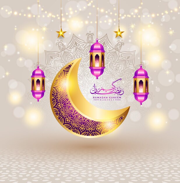 Realista 3d ramadan kareem mubarak ilustración con linterna luna creciente banner de publicación en redes sociales