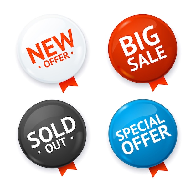 Realista 3d Venta Descuento Color Círculo Botón Insignia Pin Set Vector