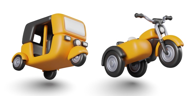 Vector realista auto amarillo rickshaw coche motocicleta con sidecar conjunto de vehículos de tres ruedas